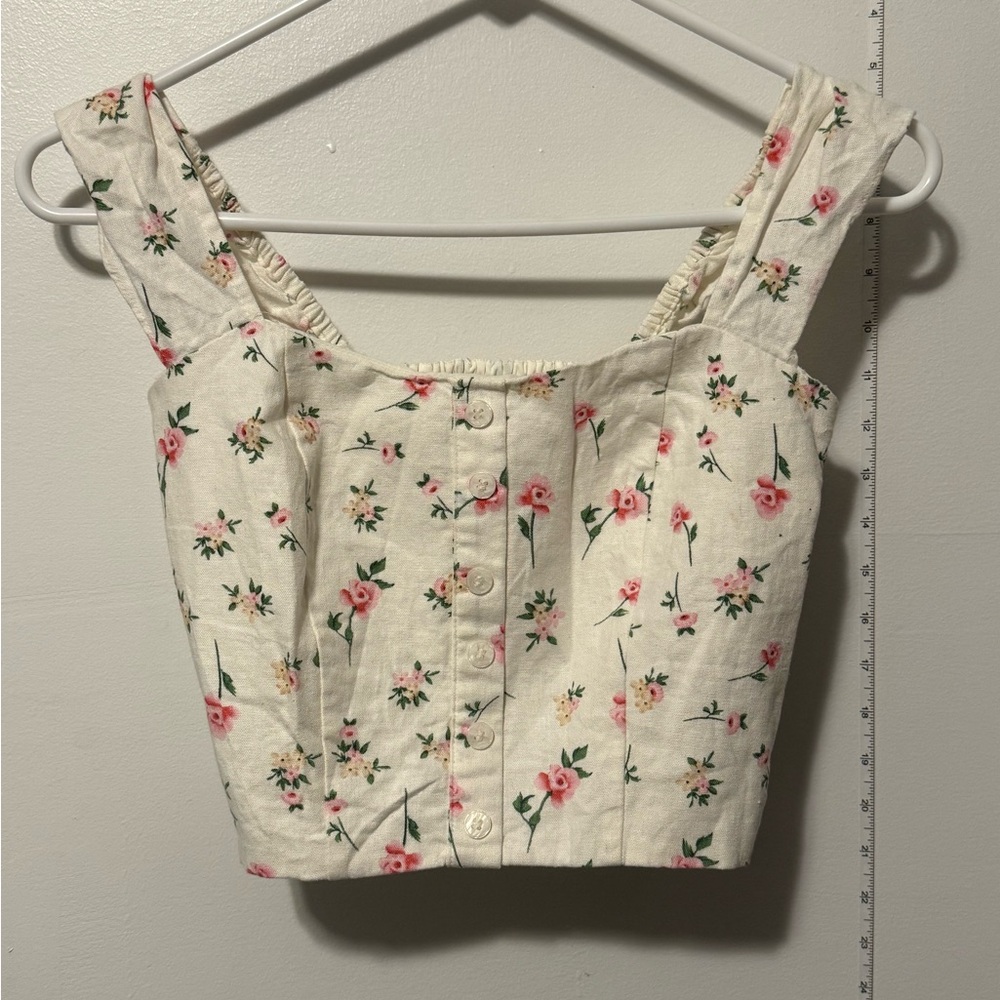 Joie Floral Linen Blend Smocked Crop Top XS